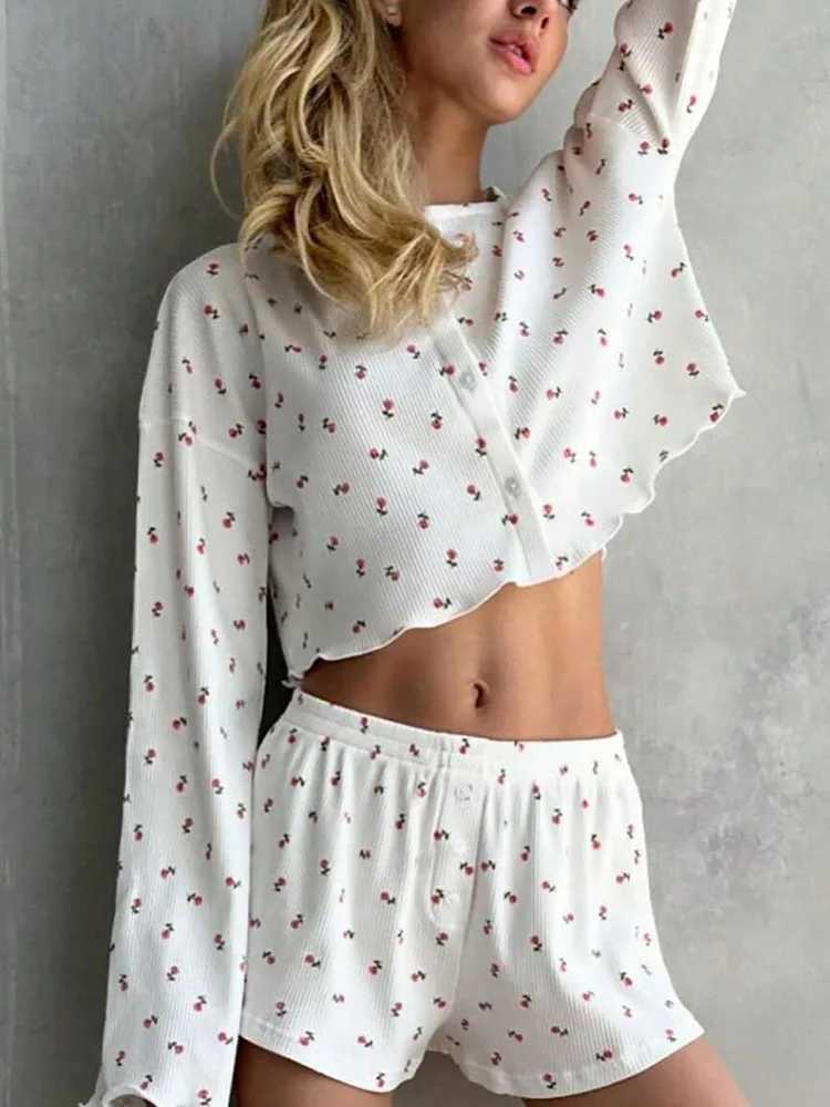 2025 Summer Womens Suit Fashion Printed Round Neck Long Sve Show Your Waist Cardigan Top Elastic Waist Casual Shorts SuitXJ250106