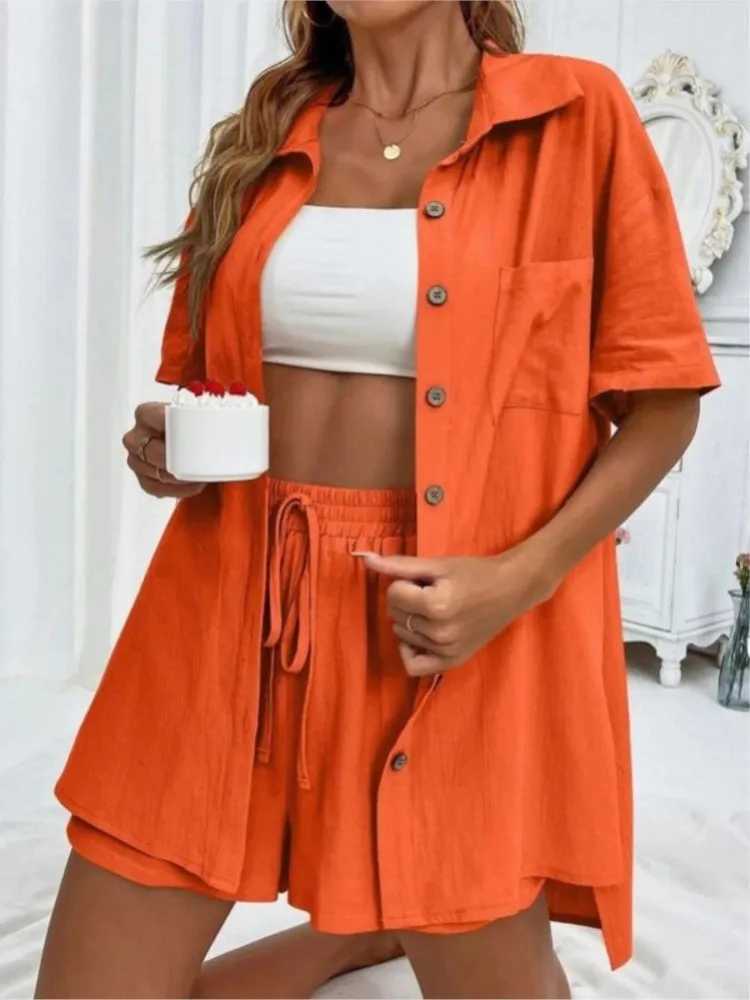 Casual Cotton 2 Piece Set Women Suit Fashion Short Sve Solid Color Shirt +loose Shorts Summer Office Lady Comfortable SetsXJ250106
