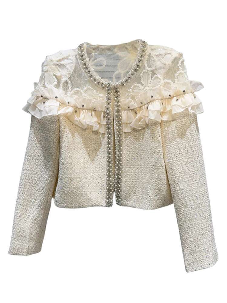 DEAT Trendy Women's Beading Edge Spliced Mesh Wer Tweed Coat 2024 Autumn Fashion New O-Neck Long Sleeve Jacket Female 11A0973