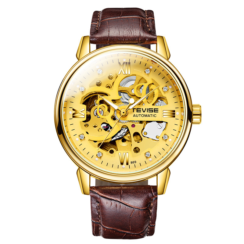 TEVISE New Style Business Fashion Men's Automatic Mechanical Watch with Leather Strap Hollow out Wrist Watch T034-T869