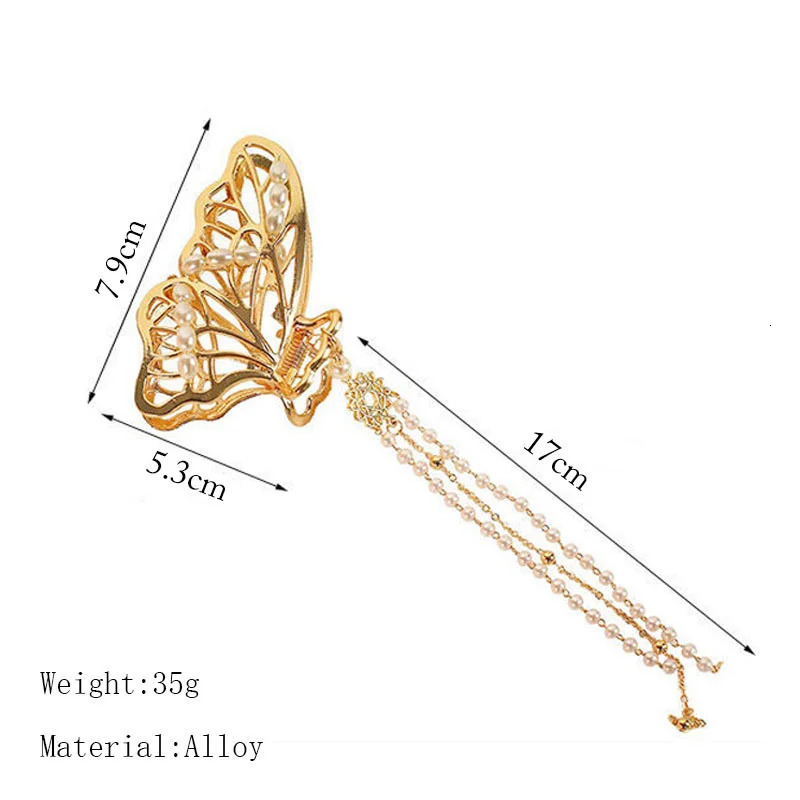 Korean Butterfly Tassel Bead Pendant Hair Claw For Women Fashion Hollow Gold Silver Color Metal Hair Clips Girl Hair Accessories 250103