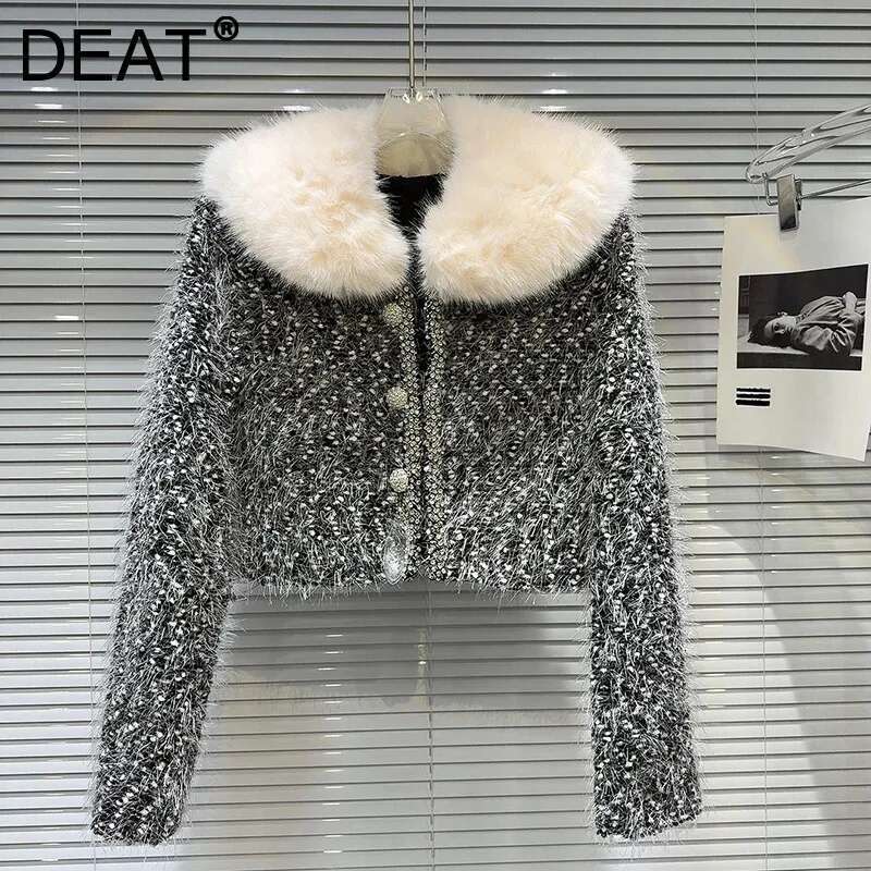 DEAT 2024 Winter New Item Fashion Fur Collar Dia Edge Tweed Short Jacket For Women High Street Coat Female Trend 11A01716