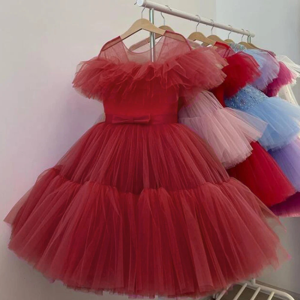 Fluffy Girls Red Party Dresses 3-10 Years Birthday Gala Princess Children Gown Formal Girl Wedding Prom Dress Bridemaid Vestidos 250107