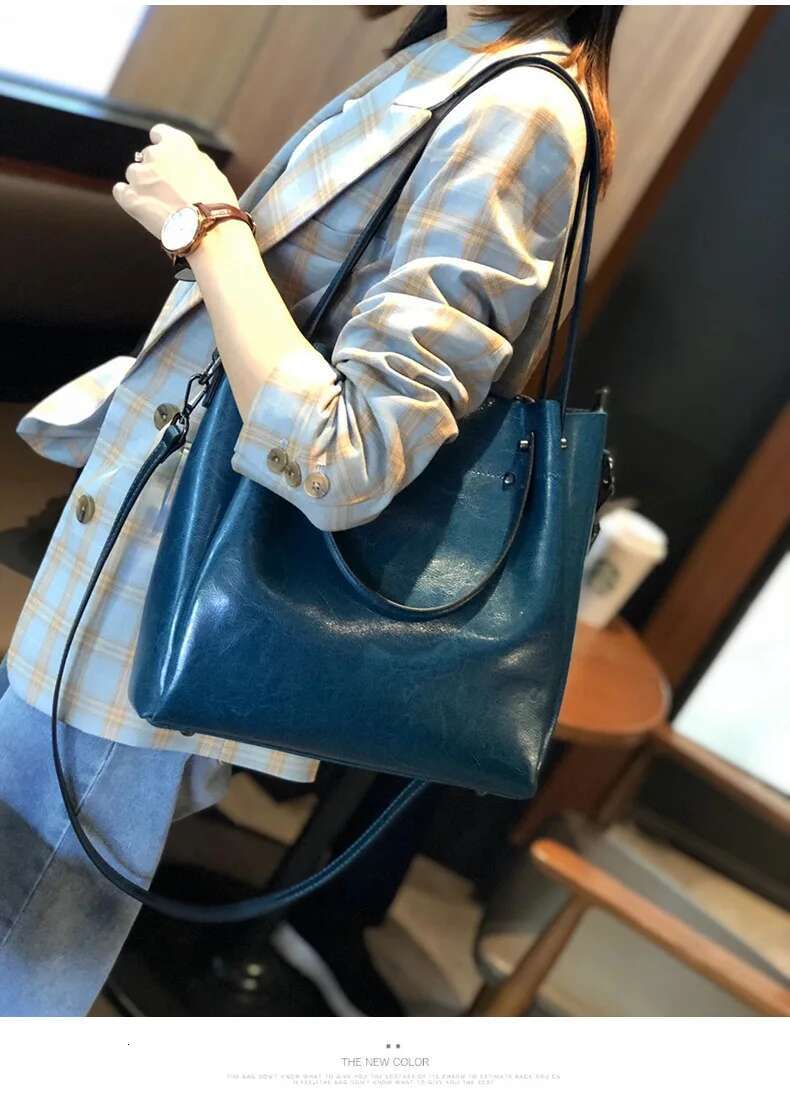 Women's Shoulder High-capacity Casual Tote Oil Wax Cowhide Leather Handbag Lady Commuting Bucket High Quality Messenger Bag