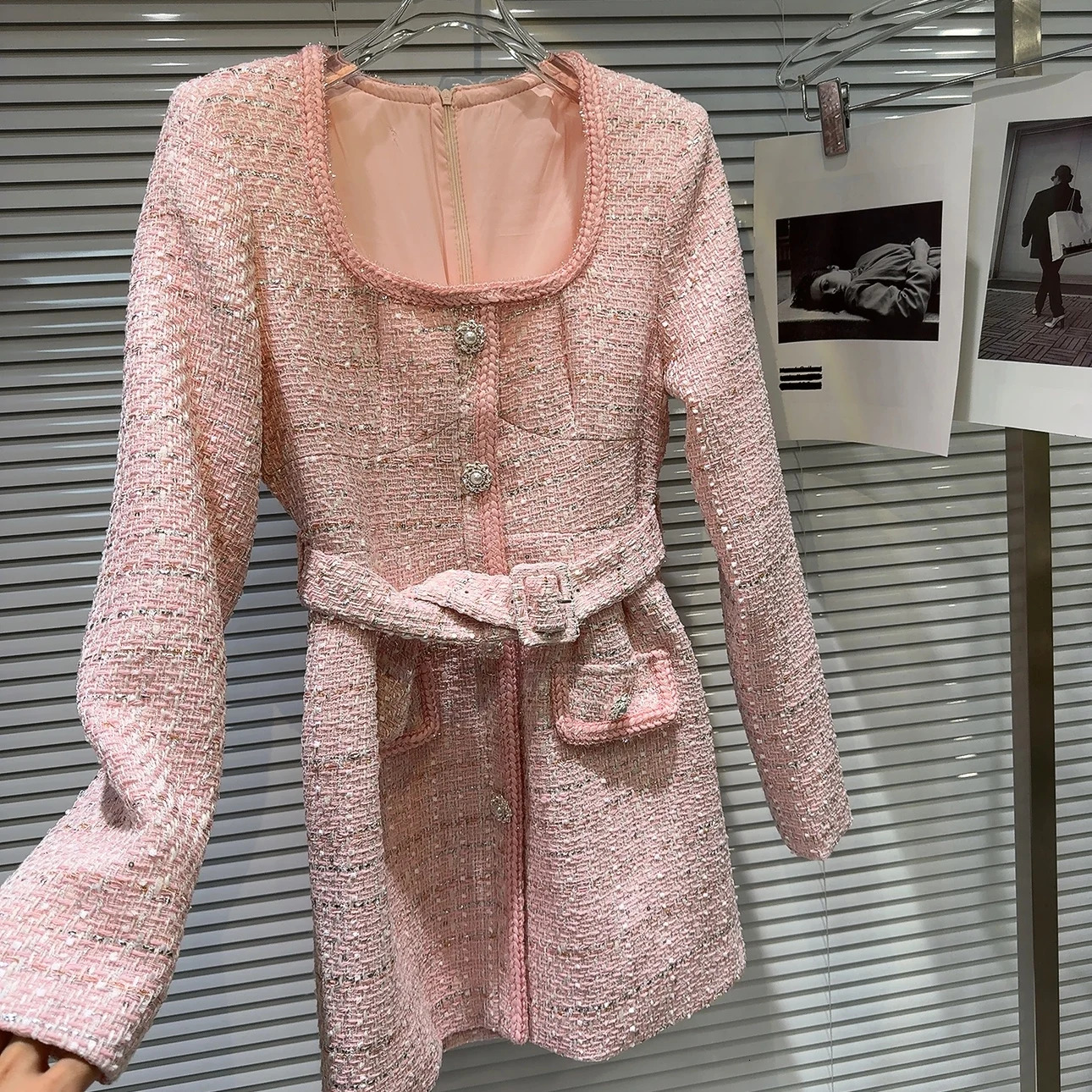 Retro Square Neck Pearl Buckle Temperament Lady Belt Trench Coat 2024 Autumn New Elegant Tweed Dress For Women