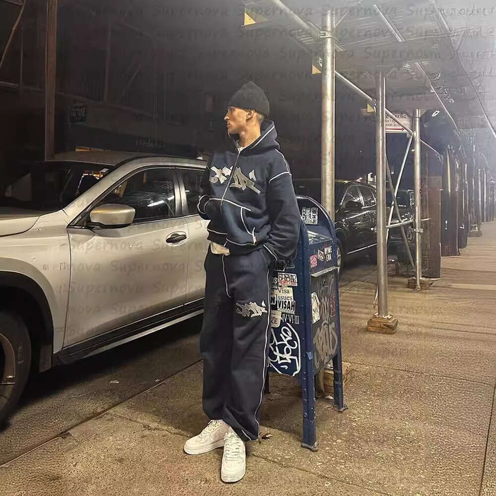 Hip hop new Gothic print hooded zipper hoodie casual men's loose suit