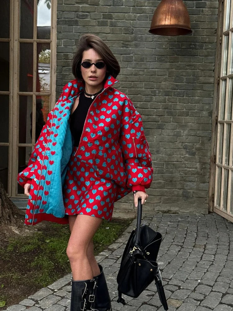 Casual Print Thicken Coat Skirt Women Set Street Long Sleeve Zippers Pocket Jacket Sexy Skirts 2024 Autumn Winter Y2k Lady Suit 241225