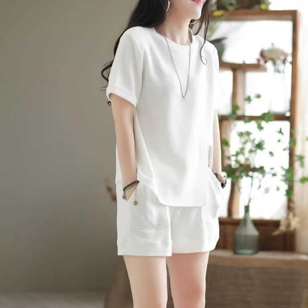 Casual Shorts Set Simple Style Sweat Absorption Lint Free Pocket Dress-up Polyester Women Summer Shirt Shorts Suit StreetwearXJ250106