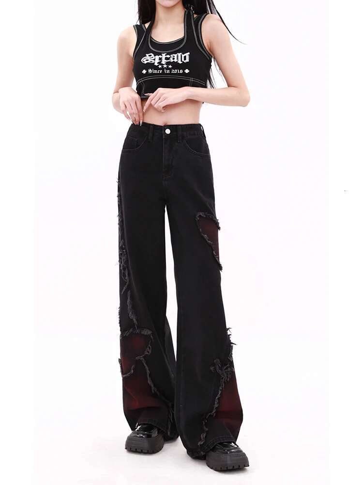 WCFCX STUDIO Women's Black Baggy Jeans Haruku Y2k Aesthetic Butterfly Denim Trousers Korean Jean Vintage Wide Leg Pants