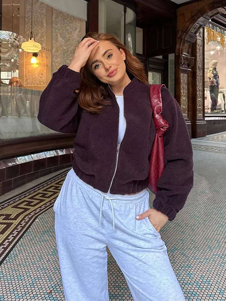 Vintage Zipper Woolen Bomber Jackets Women Loose O Neck Long Sleeve Pocket Lady Coats Early Spring Fashion Female Outwears