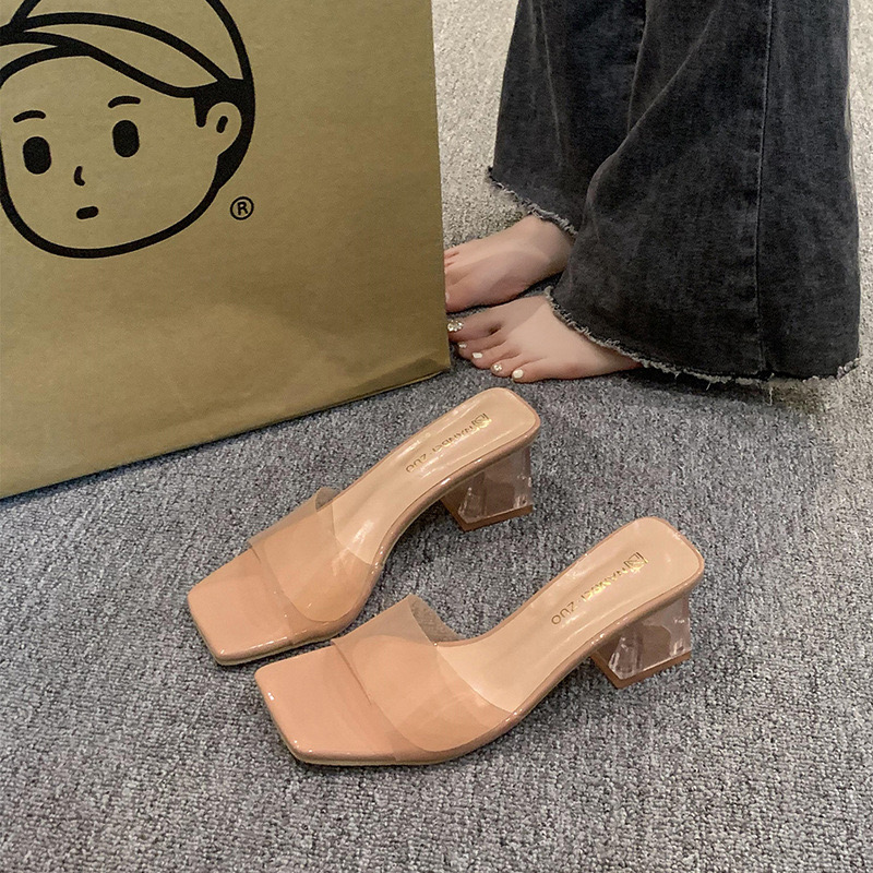 Clear Crystal Transparent Slippers Female Middle Heels Comfortable New Summer Women Shoes Woman Fashion Cool Mules Slides d13d