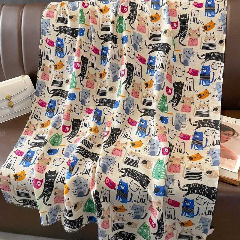 Cute animals cartoon cute cat pattern edge adhesive scarf for women and girls printing soft shawl and wrapping Pashmina Muslim headscarf Sjaal W250107