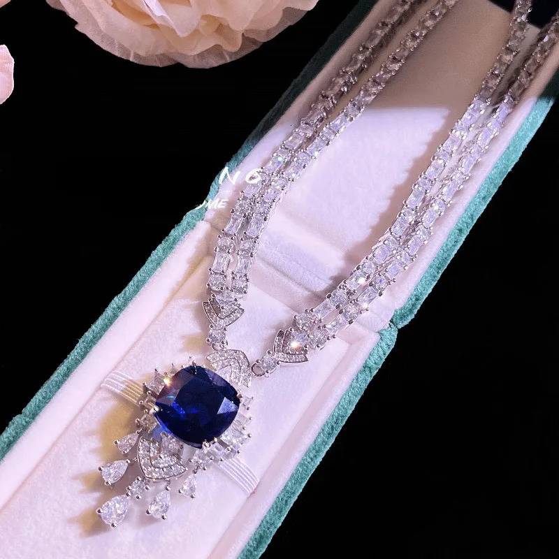 Vintage Lab Sapphire Diamond Necklace 925 Sterling Silver Engagement Wedding Chocker Necklace for Women Bridal Promise Jewelry 250106