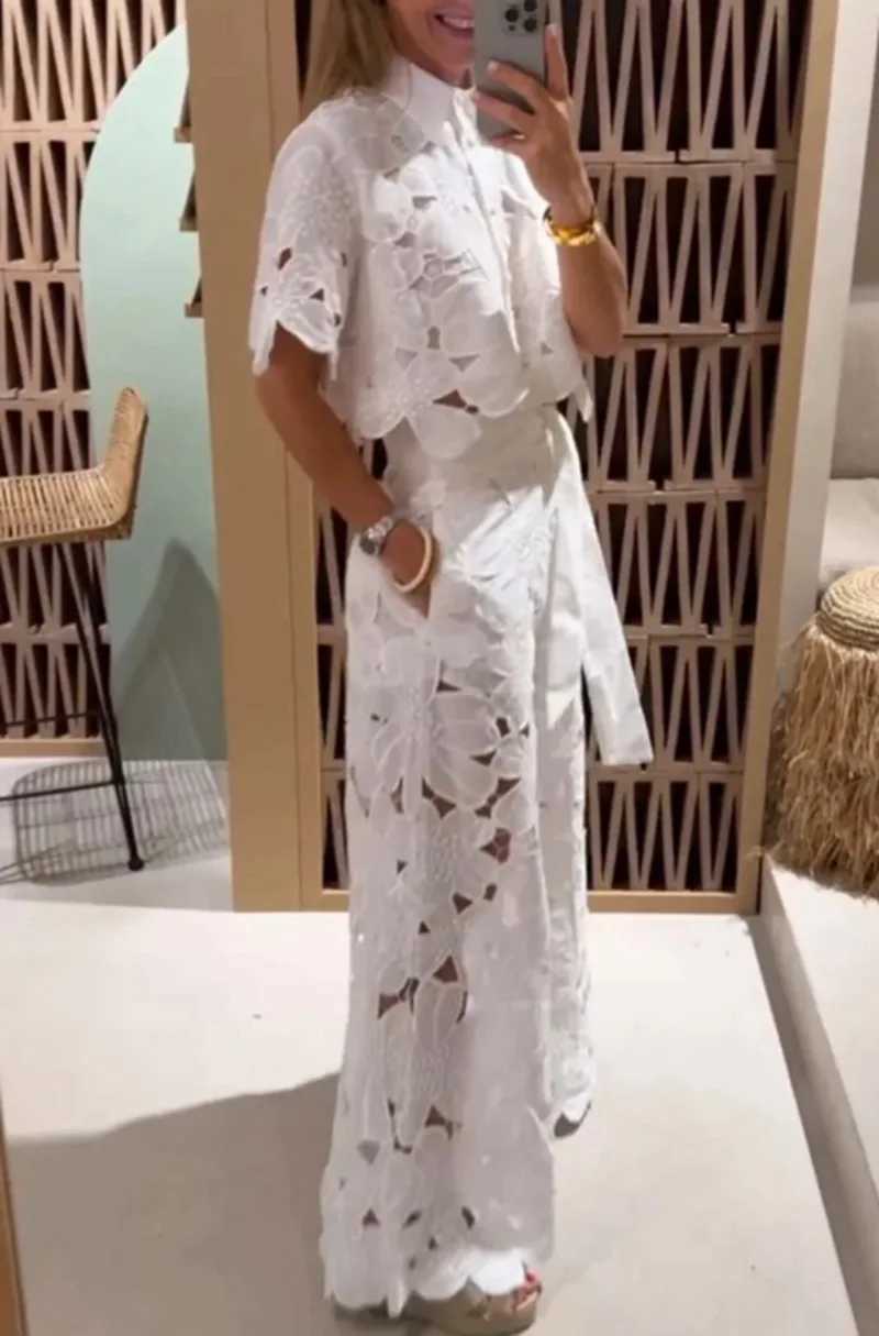 Ele Lapel Half-sved Crop Top + Wide-leg Pants Sexy Hollow 2-piece Set Women Fashion Spring Solid Color Loose Suit FeXJ250106