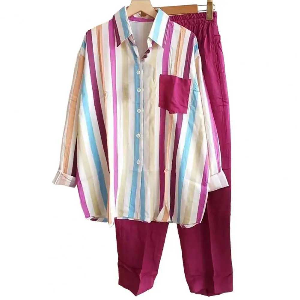 2Pcs/Set Women Outfit Shirt Pants Set Casual Elastic Waist Breathable Stripes Blouse Pants Suits Spring Summer Women SetXJ250106