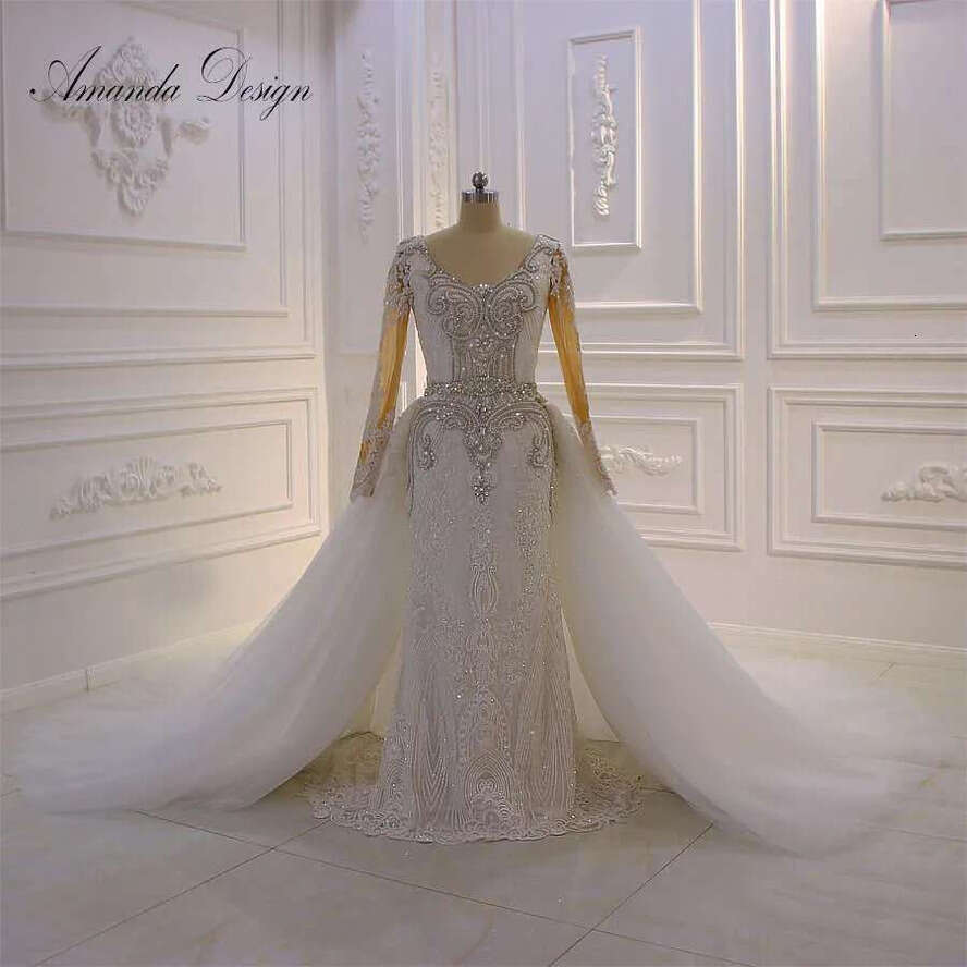 Amanda Design Robe De Mariage Sirene Long Sleeve Rhie Detachable Skirt Wedding Dress