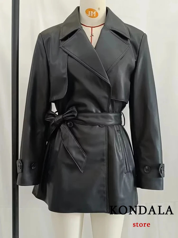 KONDALA Vintage Chic Women Leather Jackets Solid Belt ONeck Warm Coats Fashion 2023 Autumn Winter Female Outwears 250103