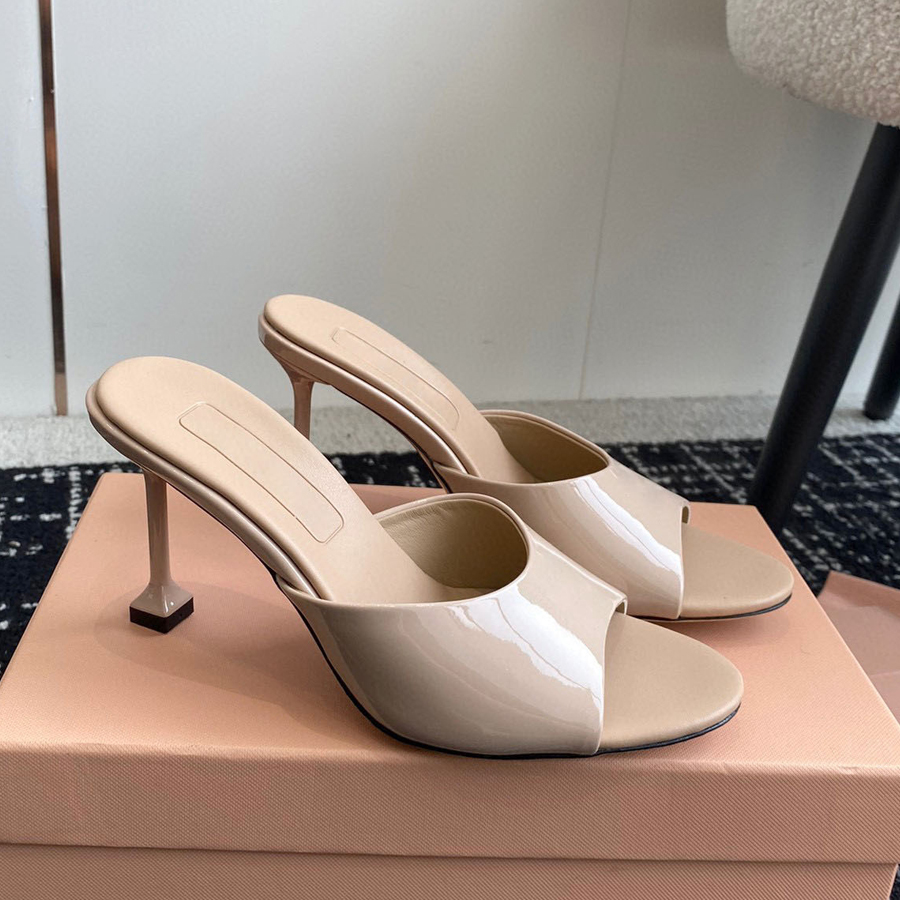 Top quality mules slippers sandal Letter Patent leather stiletto High heels open toes Women's slides Kitten heels Luxury designer sandals for womens 10cm 5.5cm