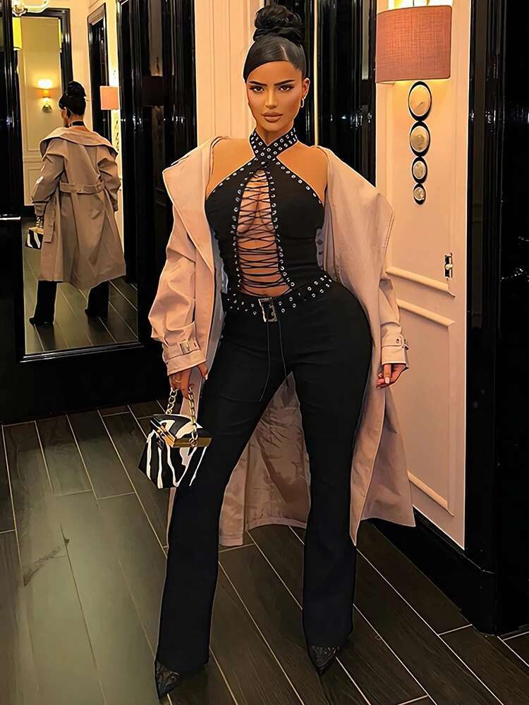 Sibybo Hollow Out Bandage Jumpsuit Women Fashion Belt Sleeveless Halter Backless Bodycon Flare Pants Rompers Black Sexy Overalls