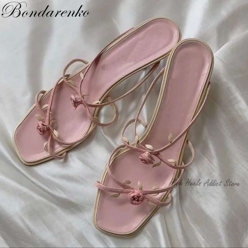 Vintage White Pink Rose Slippers Women wers Straps Low Heel Mules Sandals Designer Summer New in Party Shoes