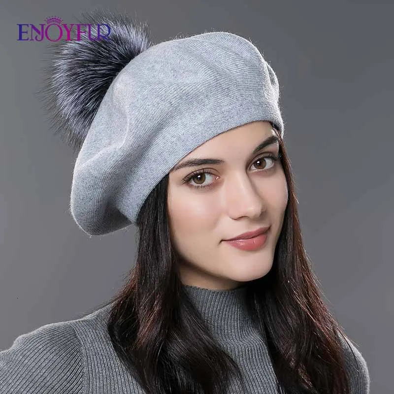 ENJOYFUR Women Winter Classic French Beret Cashmere Wool Knit Real Fur Pom Beret Hat For Lady Warm Fashion Fur pom Beret 250106