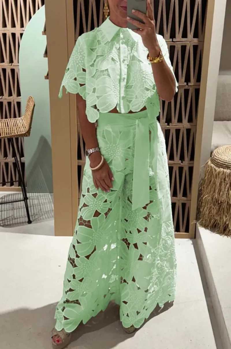 Ele Lapel Half-sved Crop Top + Wide-leg Pants Sexy Hollow 2-piece Set Women Fashion Spring Solid Color Loose Suit FeXJ250106