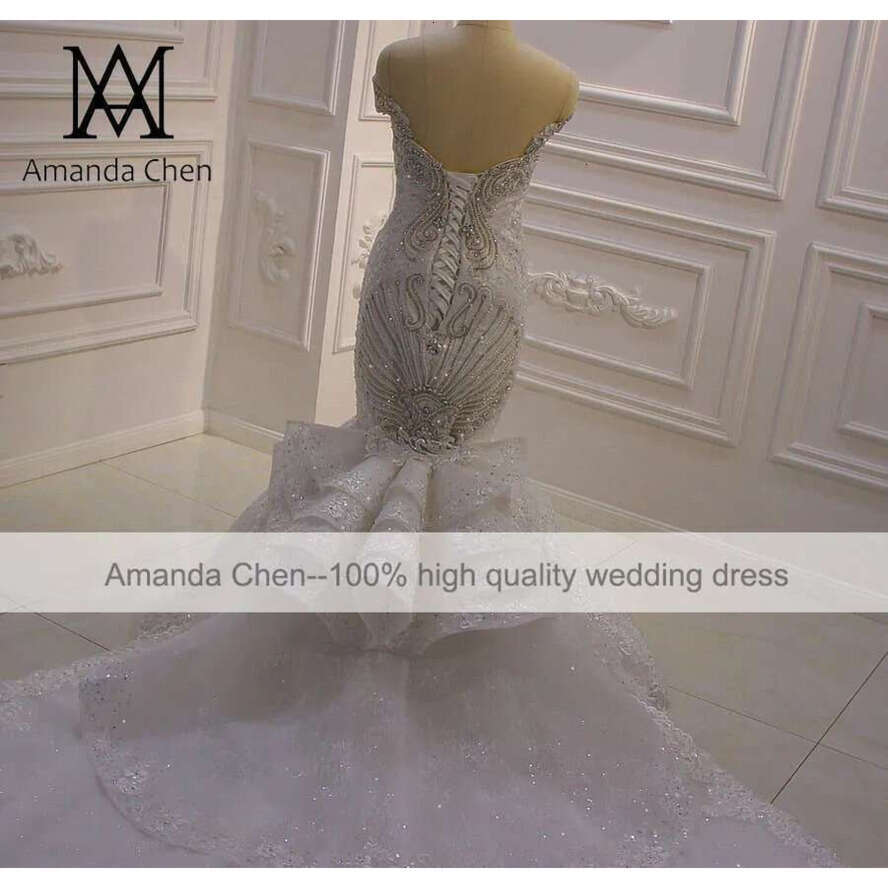 Robe De Mariage Off Shoulder Lace Appliqued Crystal Mermaid Detachable Train Wedding Dress