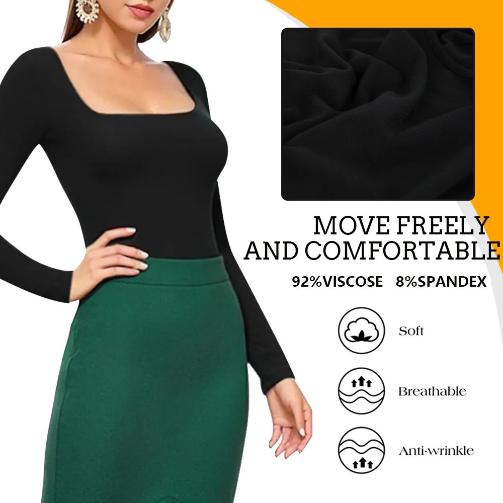 Womens Square Neck Bodysuit Long Sleeved Shapewear Tummy Control Body Shaper Lady Streetwear Female Warm Clothing Autumn Winter 250103