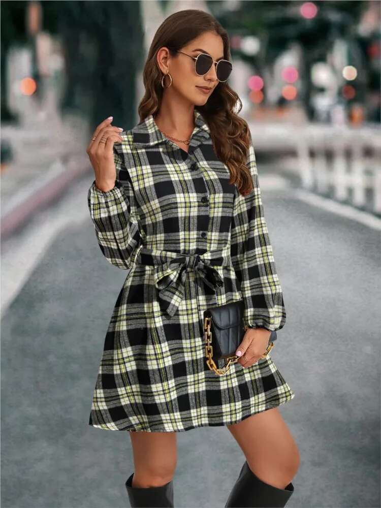 Autumn Winter Women's New Fashionable Lantern Sleeve Strap Waist Pattern Printed Single Breasted Shirt Casual Dress
