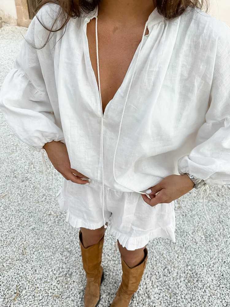 Fashion Loose Vacation Shorts Set Beach Women 2 Piece Ele Long Sve Blouse Solid Chic Korean High Waist Streetwear ClothesXJ250106