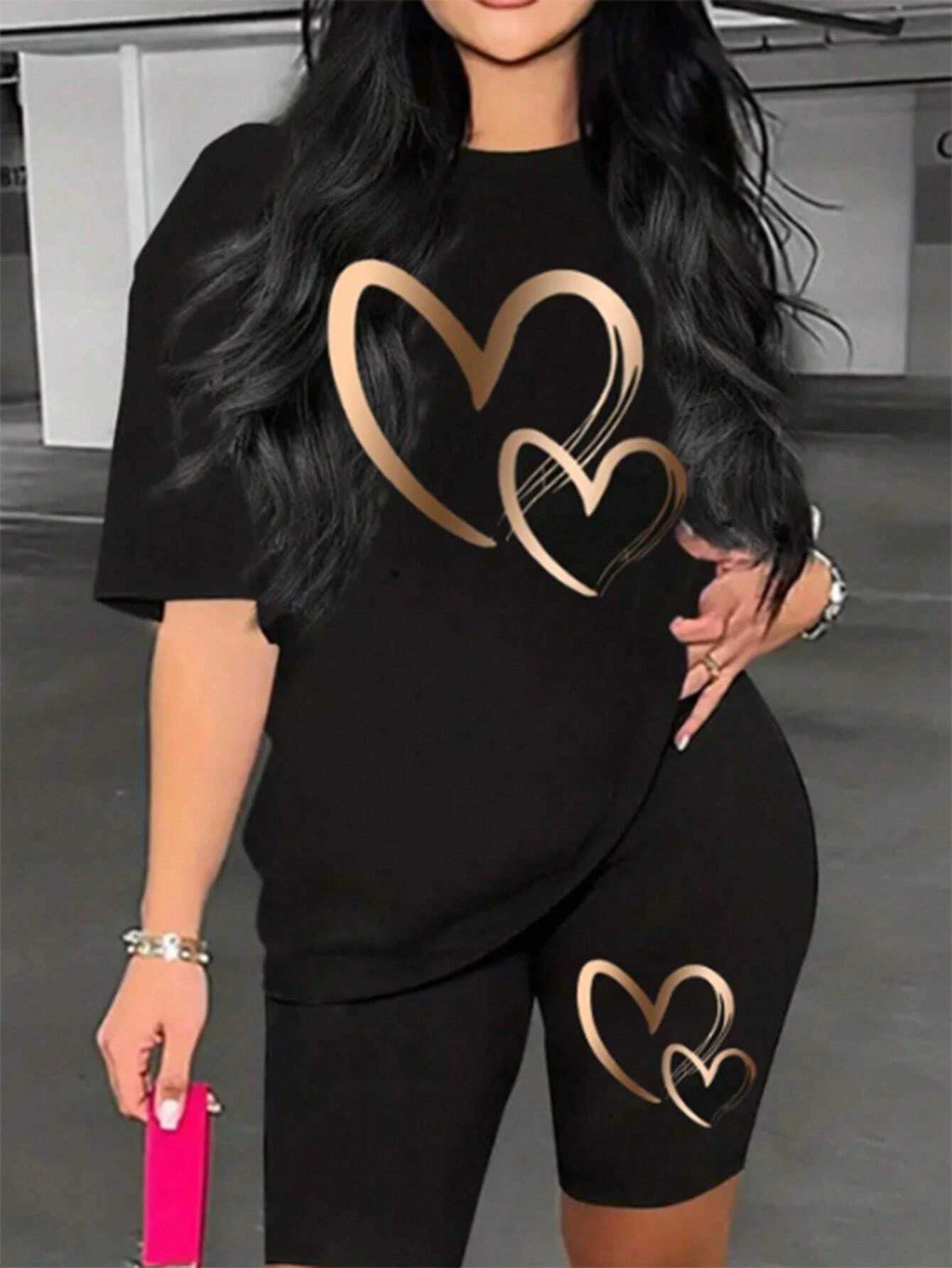 Love Pattern Print Women Cotton T Shirts Two Piece Set Fashion Hip Hop Short Sets Breathable Soft Summer New Shirt Shorts FeXJ250106