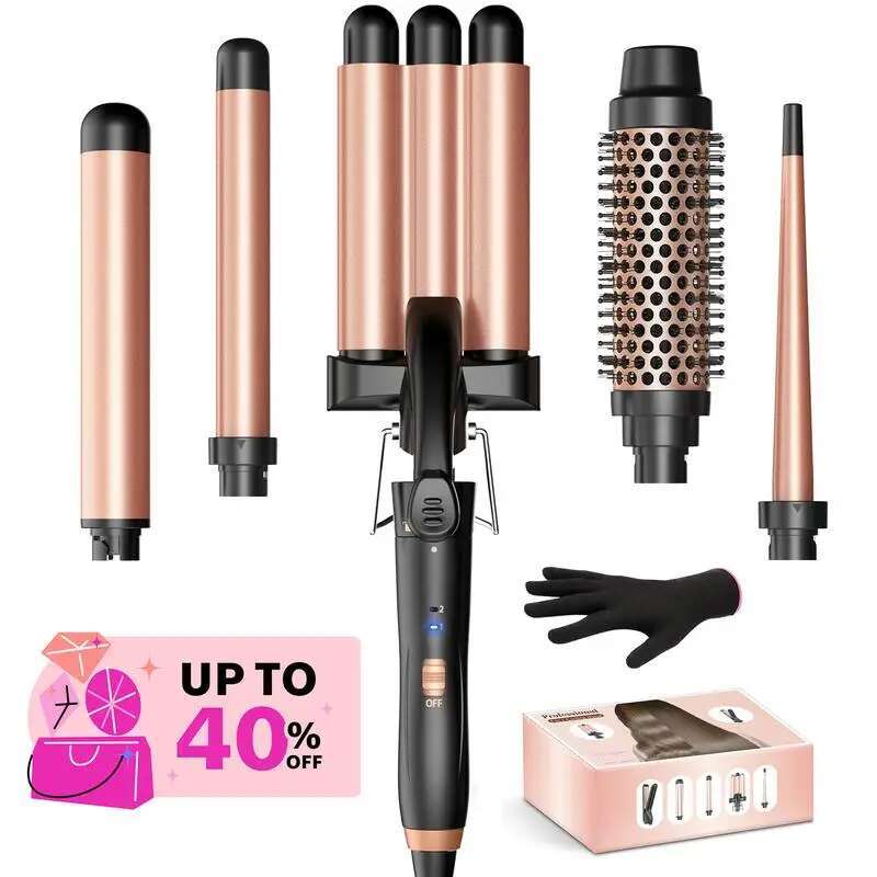 BESTOPE PRO 5 in 1 Iron-Curg Wand Set with Hair Straightener, 3 Ceramic Curg Irons