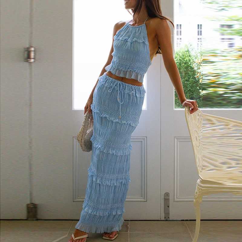 Women Summer Solid Beach Two Piece Sets 2025 Sexy Lady Halter Sveless Top and Skirt Outfit Fashion Backless Tank Holiday SuitXJ250106