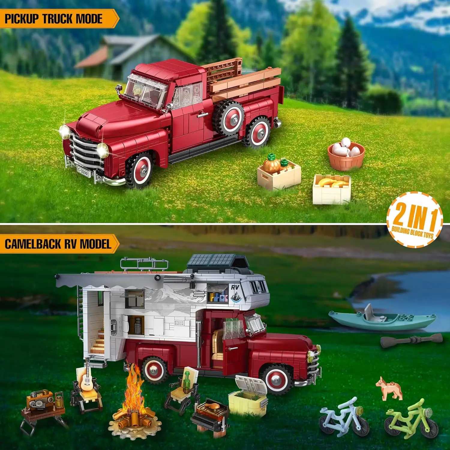 Car block 2-in-1 camping car farm pickup truck building kit adult and youth toys 2188 pieces Free shipping