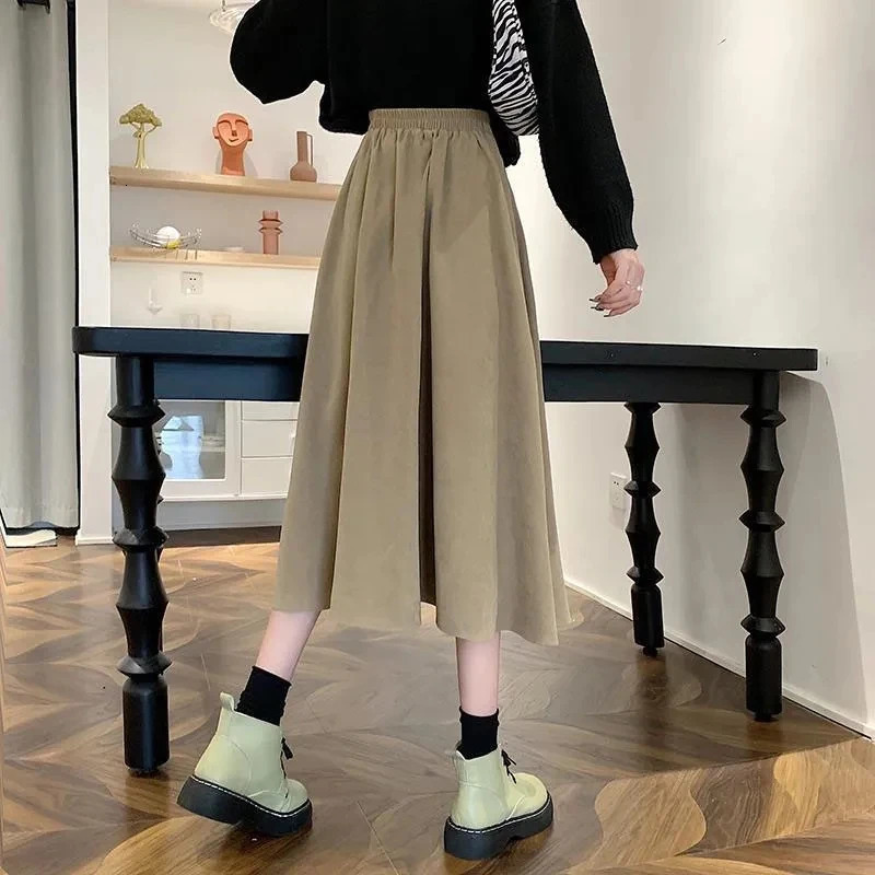 Biyaby Korean High Waist Long Skirt for Women College Style Corduroy Pleated Skirts Woman Autumn Streetwear Blue Midi 250106