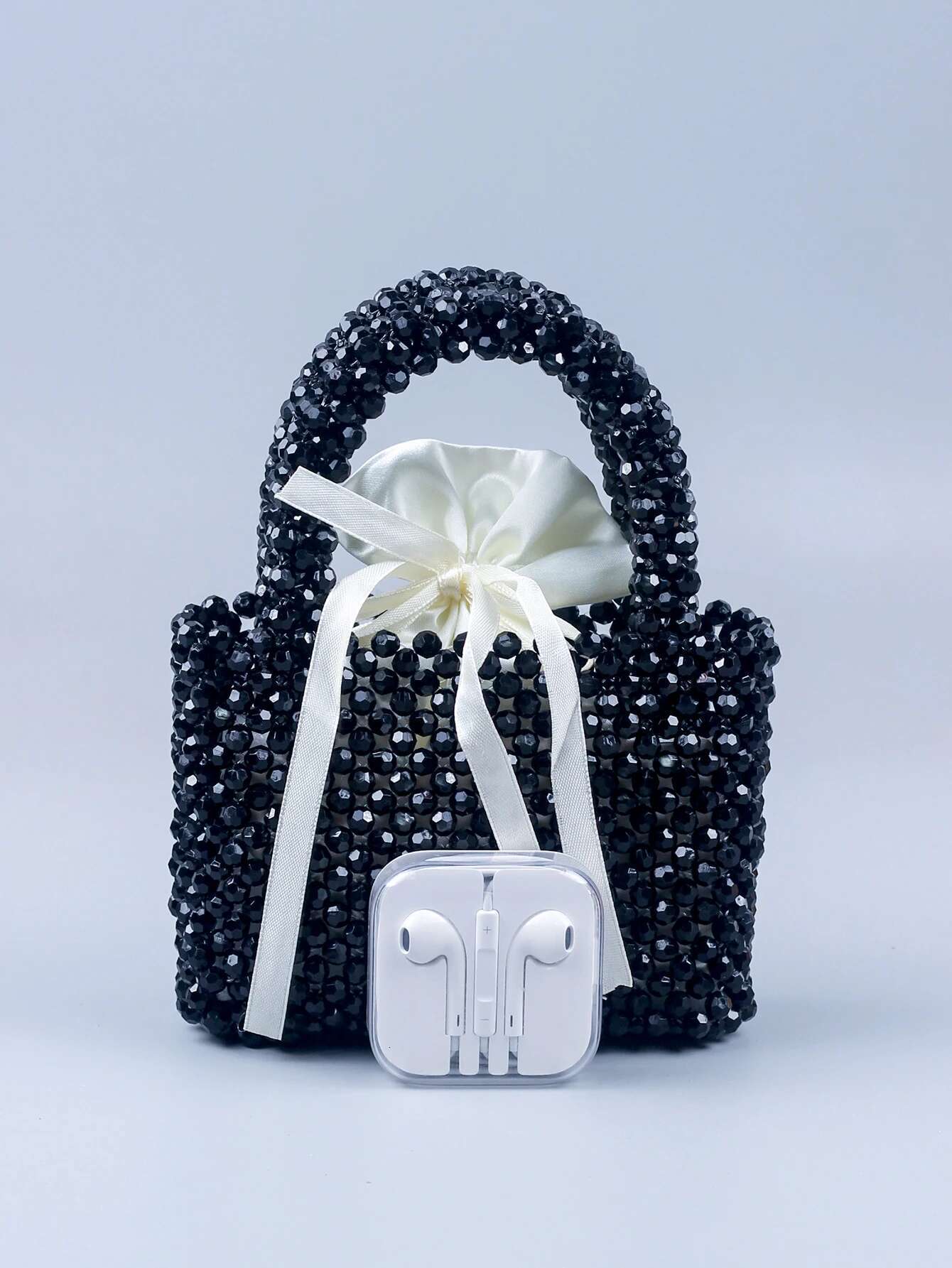 Korean Version Handmade Beaded Hand-Held Small Square With Black Beads, Fashionable And Casual, Versatile Woven Bag