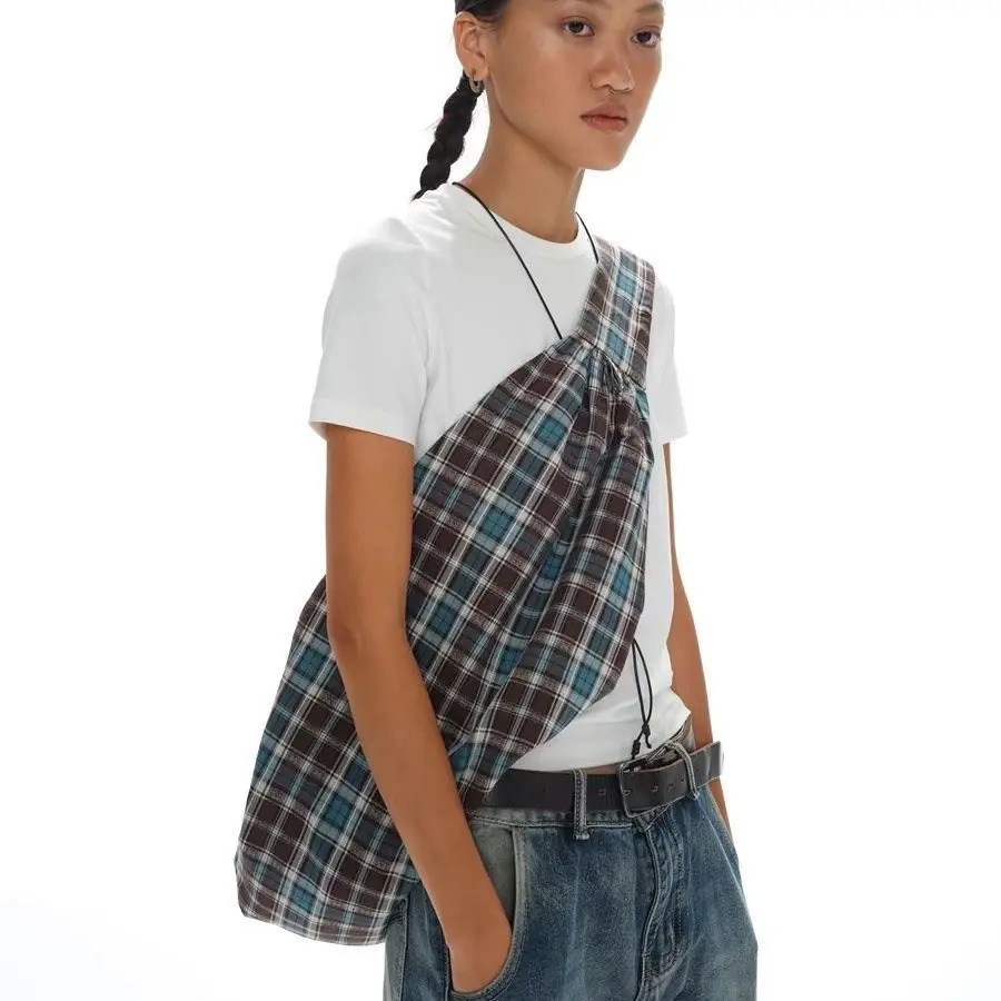 Mens Unisex Jacquard blue plaid one-shoulder messenger bag travel fashion casual bag large-capacity travel sports storage bag 250106