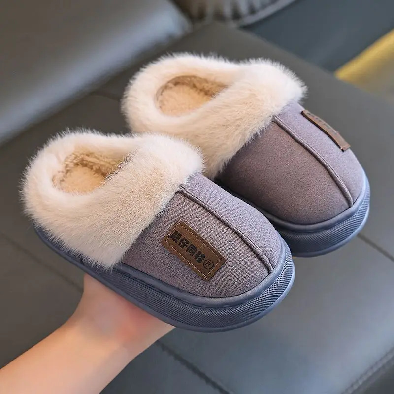 Solid Furry Children Slippers Winter PU Warm Plush Indoor Slippers For Kids Soft Bottom Boys Girls Floor Shoes 250106