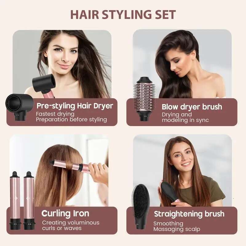 5 in 1 Wand Set,Straightener Brush,Automatic Curg Iron,Hot/Cold Air Hair Styler for Fast Drying Curing