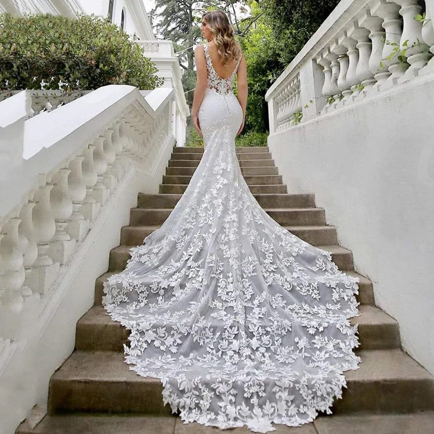 Vestido De Noiva Sexy V-neck Mermaid Lace Wedding Dress Tank Sleeve customized Bridal Robes Satin Court Train Bride Dresses Free ship