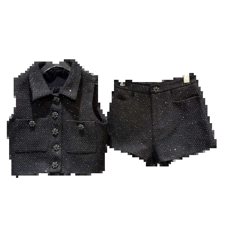 PREPOMP 2024 Spring Sleeveless Turn Down Collar Bright Silk Tweed Vest Slim Shorts Two Piece Set Women Outfits Gp509