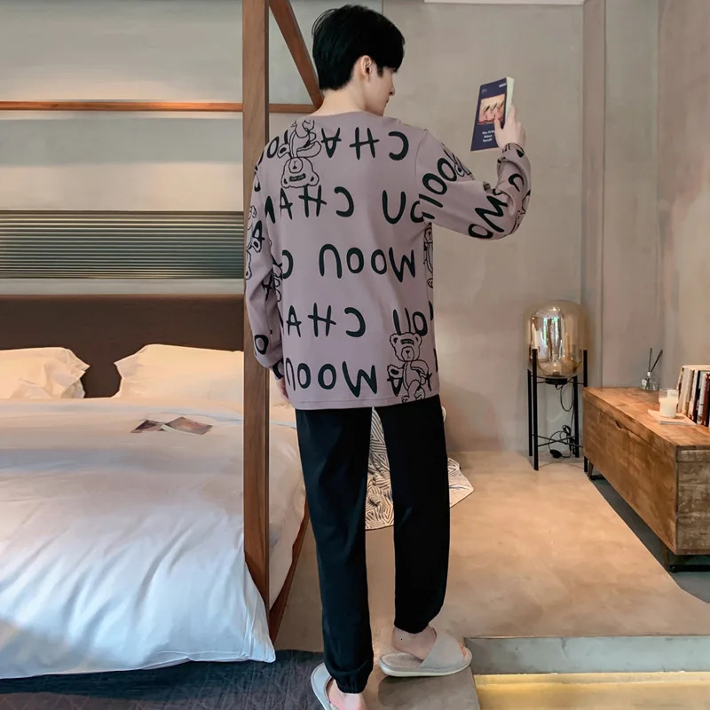 Men Plus Size Pajamas LongSleeved Trousers Grey Letters Cartoon Bear Student Pullover Two Easy to Clean Homewear 250103