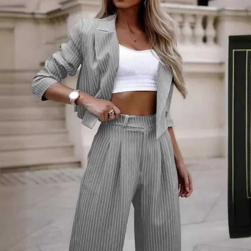 Mandylandy Casual Striped Suits Women Outfits Summer Short Style Lapel Suit Trousers Stripe Blazer Coats Straight-Leg Pants SuitXJ250106