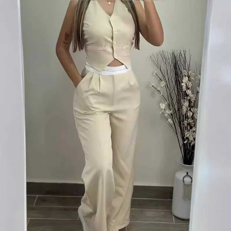 Spring Summer New Womens Clothing Solid Color Sveless V-neck Vest Top Elastic Waist Pants Two-Piece SetXJ250106