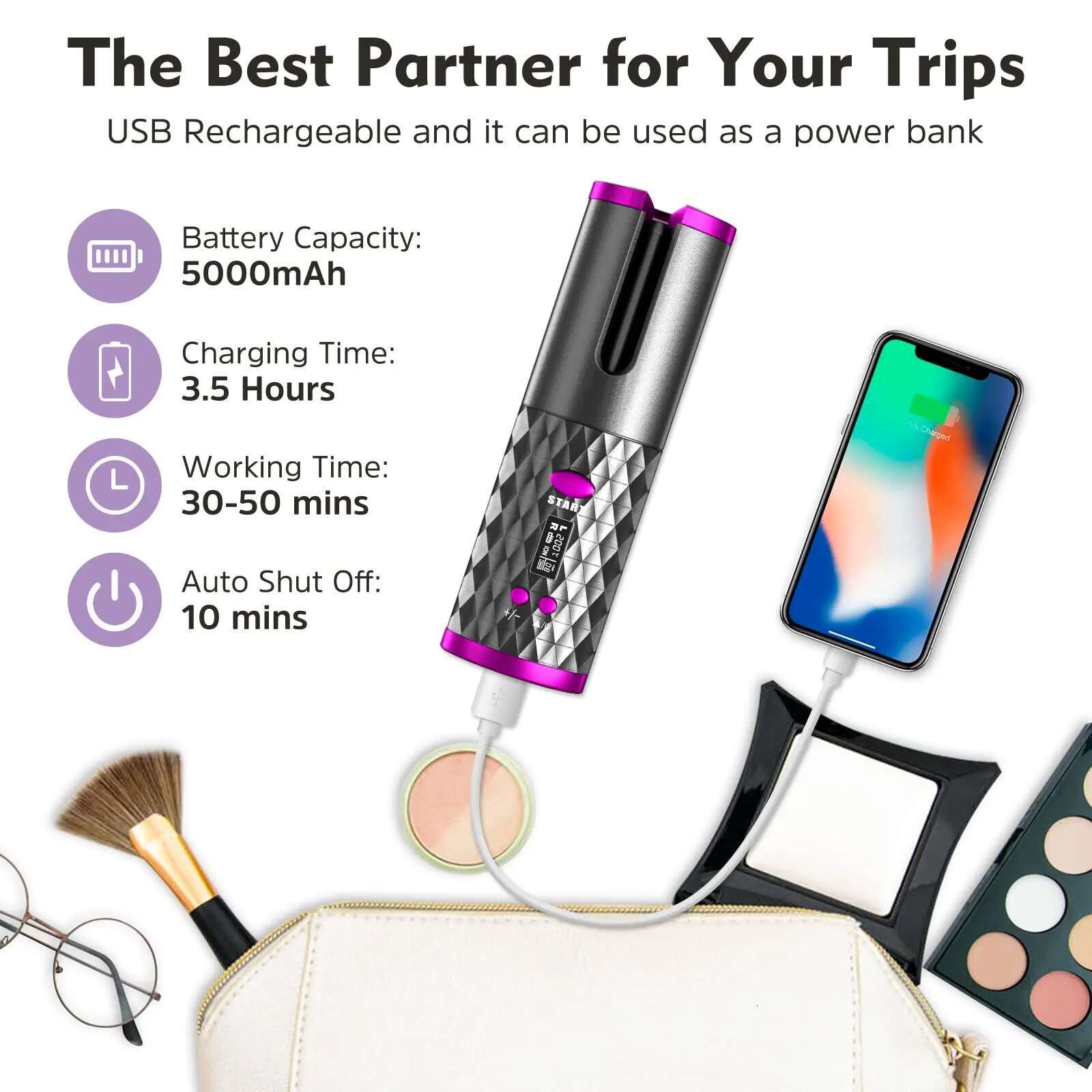 Cordless Curg Iron, USB Rechargeable, Ceramic Automatic Rotating Curler with 6 Temps, Portable Hair Dryer Styler,Timers