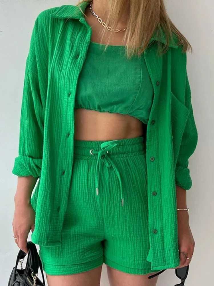 Summer Women Short Sets Outfits High Waisted Shorts Solid 2-pcs Set Casual Fe Clothing Solid Button Loose Suit StreetwearXJ250106