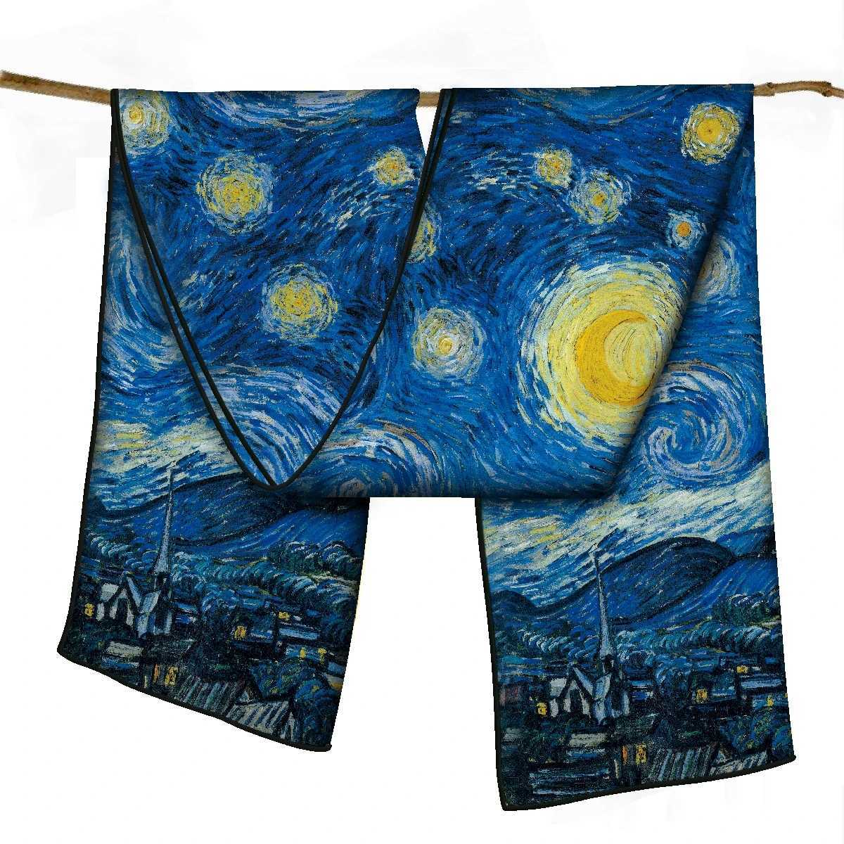 150x40CM Winter Silk Scarf Womens Van Gogh Oil Painting Handmade Roll Shawl Warm Long Coat Shoulder Bag Pashmina Bandana W250107