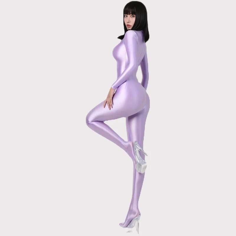 Shiny Satin Sexy Zentai Women Long Sleeve Bodysuit Full Length One-Piece Tights Silky Catsuit Black Jumpsuit Clubwear Streetwear