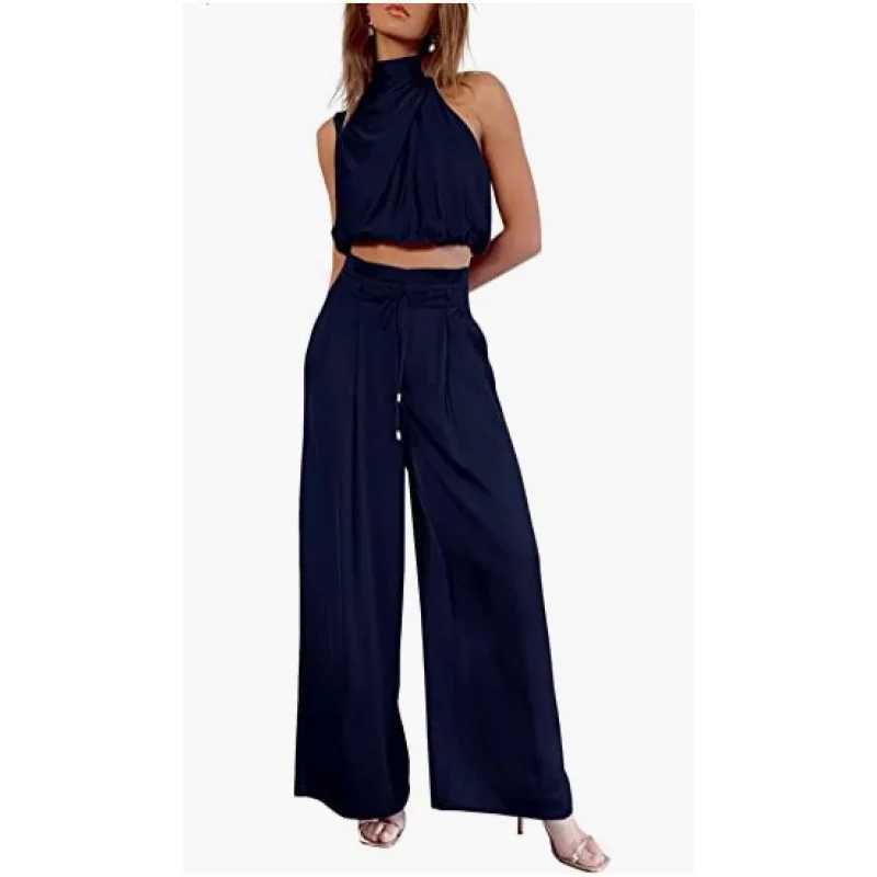 Womens Two Piece Pants Sets Open Navel Outfit Silk Pleated Texture Sveless Top Wide Leg Pants Set Summer Matching Sets 2024XJ250106