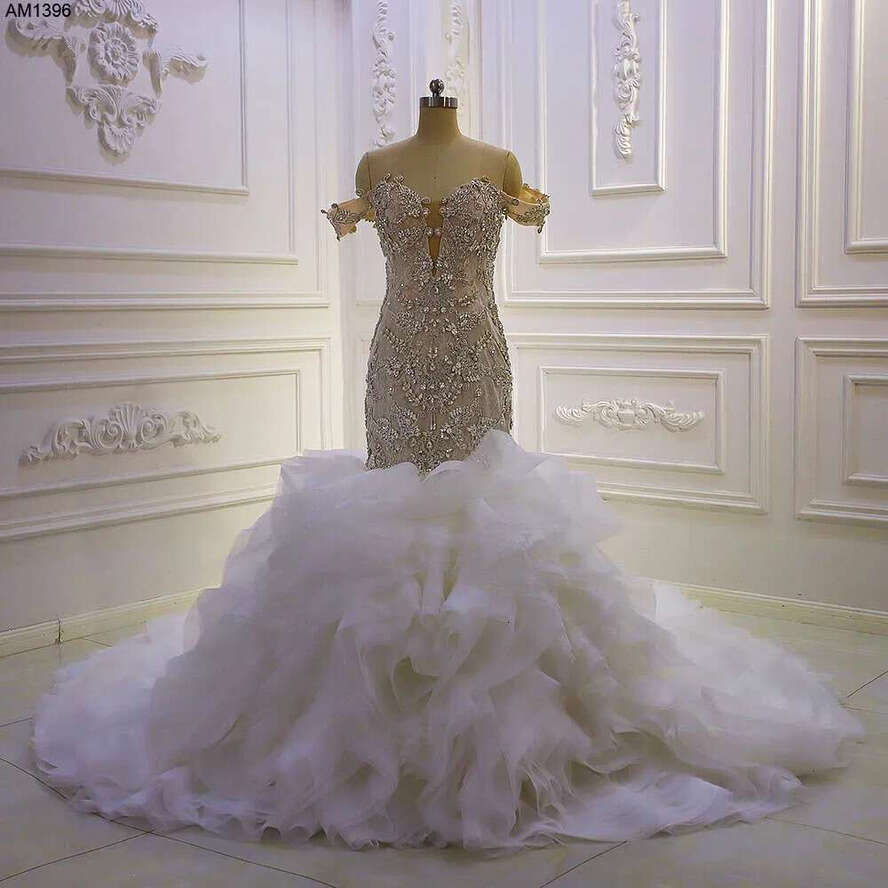 Champagne Full Beading Off The Shoulder V-Neck Ruffles Mermaid Wedding Dress
